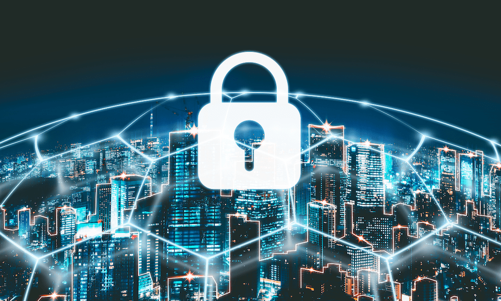 Cyber-Liability-Insurance-is-Critical-to-Municipalities-and-Law-Firms-Graphic-image-of-city-buildings-with-white-lock